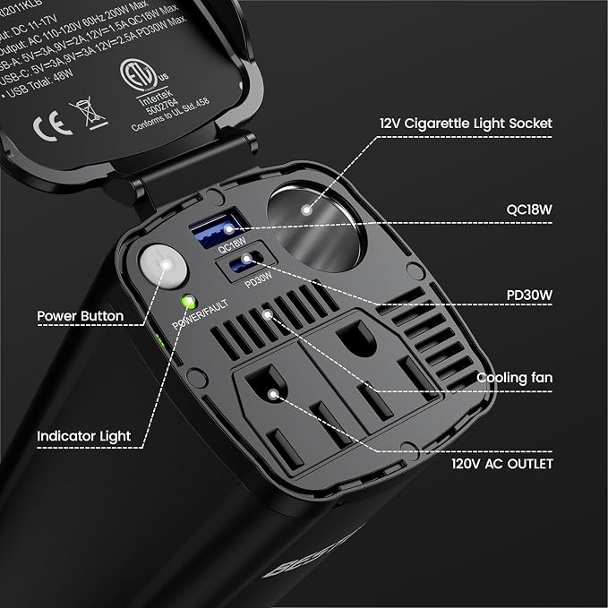 200W Power Inverter, 12V DC to 110V AC Car Plug Adapter Outlet Converter with [30W USB-C]/USB-Fast Charger(18W) / Dual AC Outlets/car Charger for Laptop