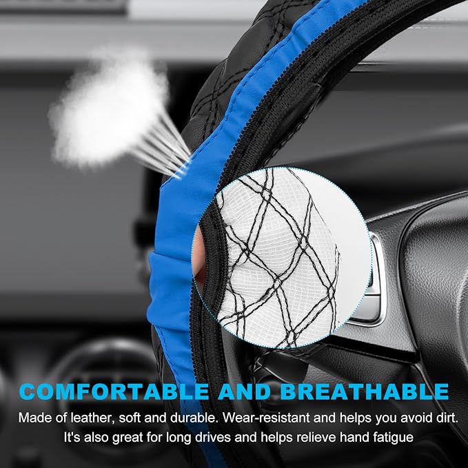 Car Steering Wheel Cover, 15 Inches Non-Slip Leather Steering Wheel Protector, Universal Soft Cover Mats for Car Truck SUV, Interior Car Accessories (Blue)
