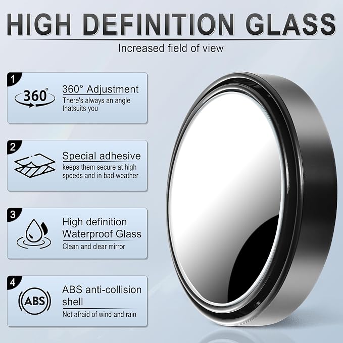 2PCS Round Blind Spot Mirror, HD Glass and ABS Housing Convex Wide Angle Rearview Mirror with Adjustable Stick for Universal Car, Black