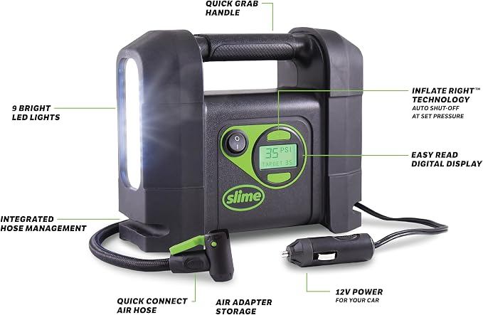 40047 Tire Inflator, Portable Car Air Compressor, Rugged, Inflate Right automatic shut off, with Digital 99 psi Display, Long Hose and LED Light, 12V, 4 min inflation