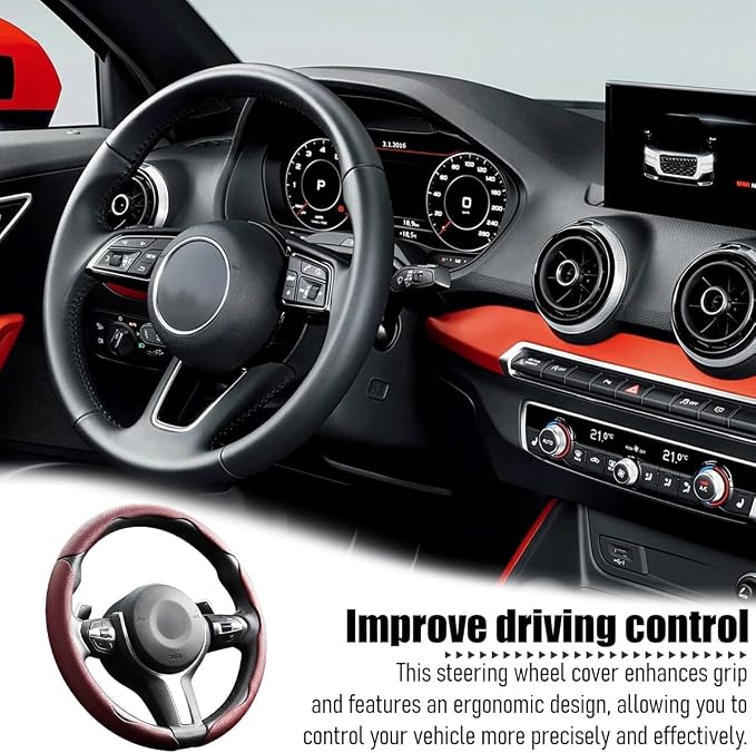 3PCS/Set Car Steering Wheel Cover, Leather Segmented Anti-Slip Automotive Wheel Protector, Soft Breathable Vehicle Steering Protection Covers, Universal Interior Accessories (Wine Red)