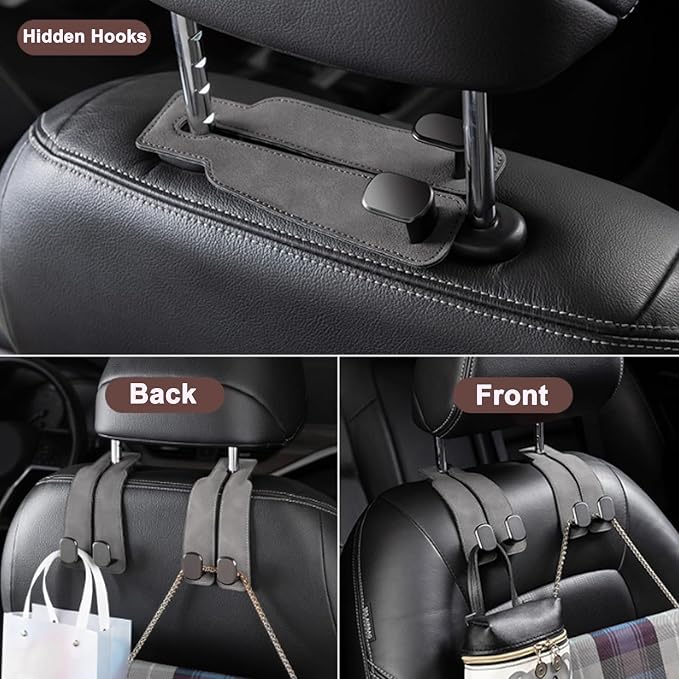 Amelity Car Headrest Hooks, Purse Hook for Vehicle 4 Pack Gray | Universal Car Interior Accessories for Women, Available in 2/4 Pack, Storage Hanger Holds Purses, Backpacks, Grocery Bags