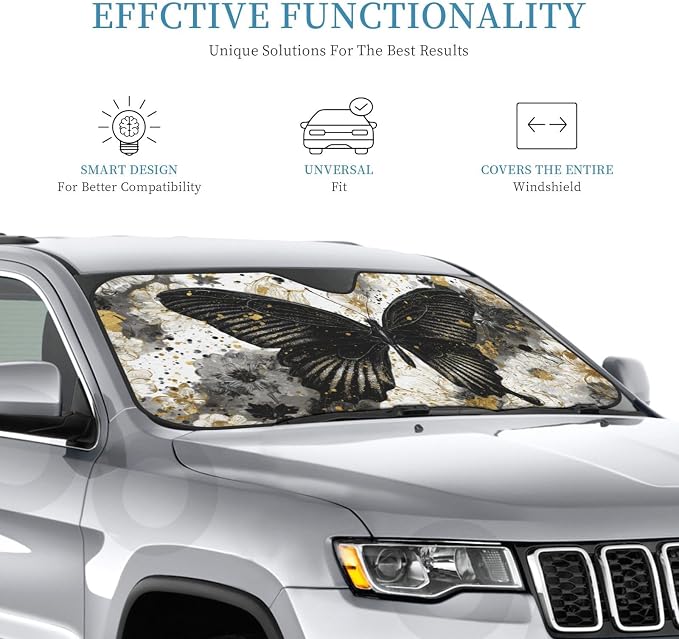 Windshield Sun Shade Black Butterfly Art Boho Car Front Window Sunshade Cover for Truck SUV Blocks UV Rays Automotive Visor Interior Protector 55 x 30 inch