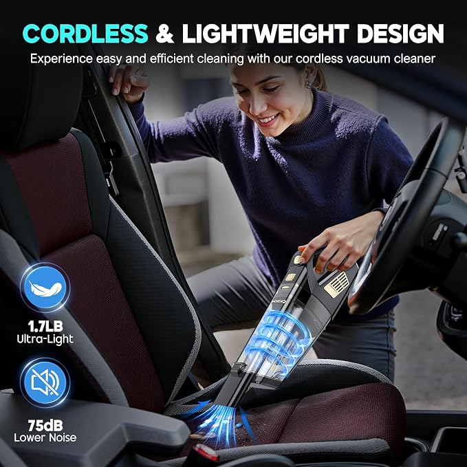 Handheld Vacuum Cordless, 15000PA Strong Suction Hand Held Car Vacuum Cleaner Portable with Multi-Nozzles & Washable Filter, Lightweight Rechargeable Vacuum Cleaner for Home, Car, Office, Pets