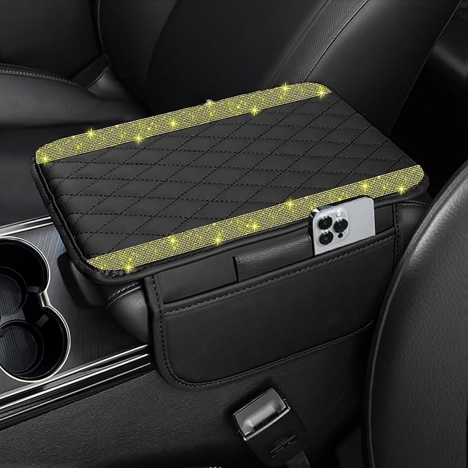 Bling Car Center Console Cover, Leather Car Arm Rest Cover Cushion with 2 Storage Bags, Universal Auto Armrest Protector Storage Box, Bling Accessories Interior for Most Vehicles (Yellow)