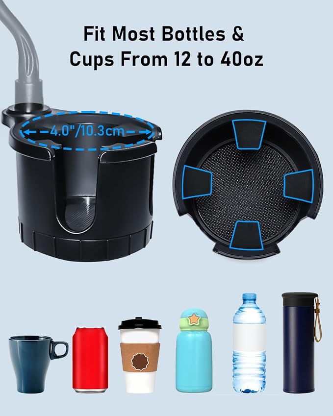 Car Cup Holder Expander with Phone Holder | 2 in 1 Car Phone Mount & Cup Holder, Adjustable 360° Rotation Gooseneck, U-shaped Handle Slot, Fits Phone and Drinking Bottle