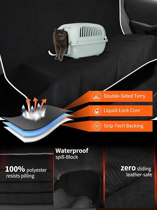 Rear Bench Seat Cover, Waterproof, Sweatproof, Non-Slip Protector for Back Seat, Dual-Layer Microfiber Terry, Universal Fit for Cars, Trucks, SUVs – Embroidered Design (Black, 1 Pack)