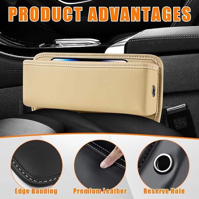 Car Seat Gap Organizer, Premium Leather Auto Seat Storage Box, Vehicle Adjustable Front Seat Gap Filler, Car Seat Side Pocket Organizer for Phones, Glasses, Keys, Money, Cards (Beige)