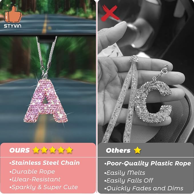 Bling Pink Car Accessories for Women Letter Charm, Rainbow Color Rear View Mirror Cute Crystal Pendant Car Decorations, Lucky Gifts Girly Diamond Rhinestone Charm Letter A