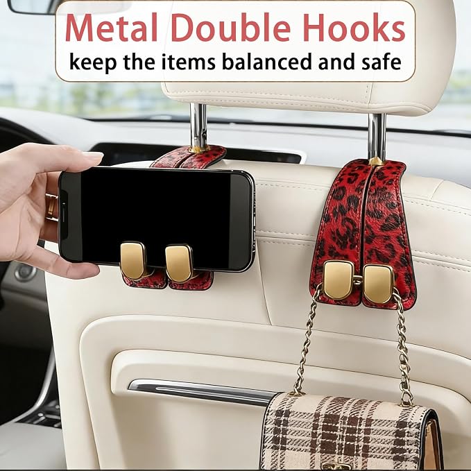 Car Hooks for Headrest: 2Pack Car Seat Back Storage Headrest Hook - Premium Leather Double Metal Hook - Purse Hook For Car Headrest - Car Headrest Hooks for Purses, Handbags, Bags -Red Leopard