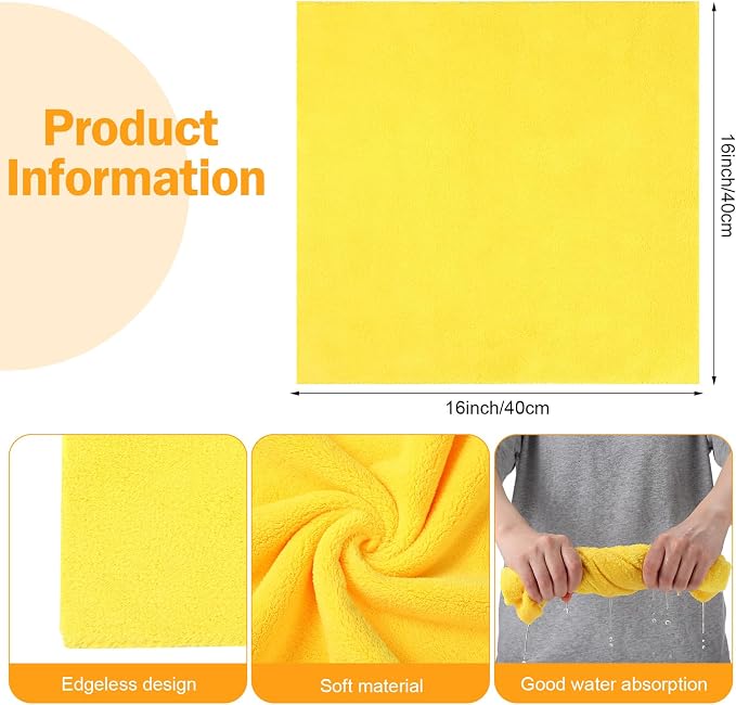 16 Pcs Car Microfiber Towels Buffing Drying Wash Cleaning Cloths Plush Large Towels Thick Care Polishing Detailing Waxing Scratch Proof Towel, 15.75 x 15.75 Inch (Yellow)