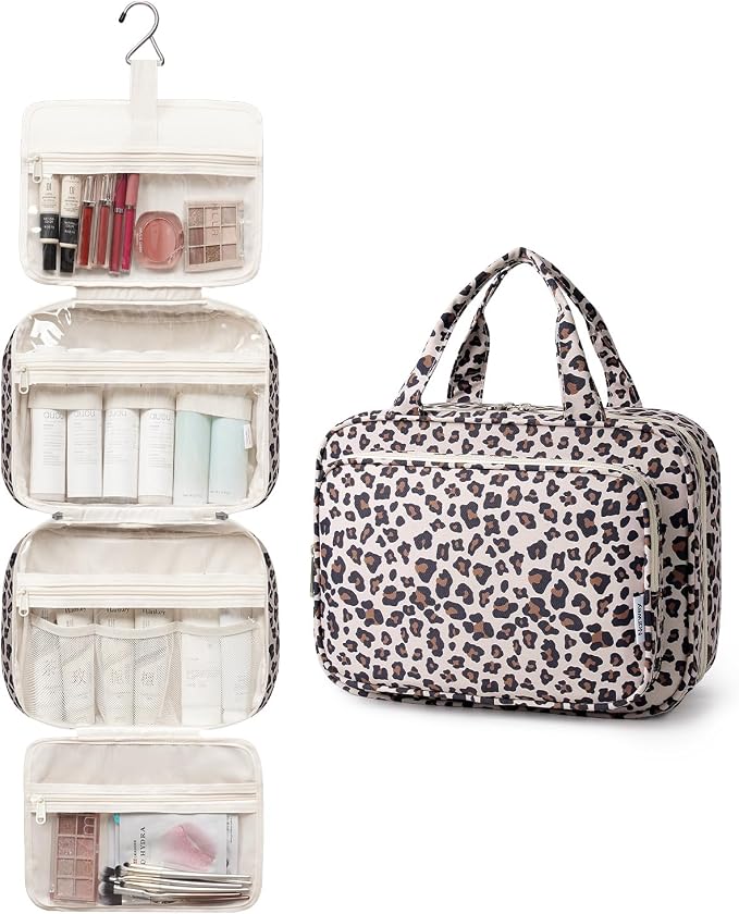 Travel Toiletry Bag for Women Large Capacity, Hanging Makeup Bag Organizer Toiletries Bag for Full Size Essentials, Accessories, Brushes, Cosmetics (Beige Leopard (Large))