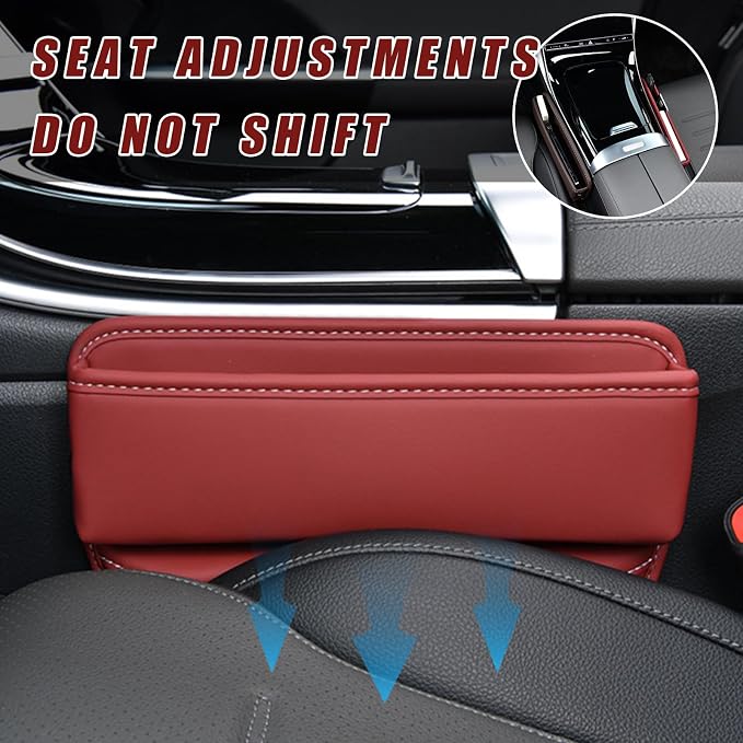 Car Seat Gap Organizer, Premium Leather Auto Seat Storage Box, Vehicle Adjustable Front Seat Gap Filler, Car Seat Side Pocket Organizer for Phones, Glasses, Keys, Money, Cards (Red)