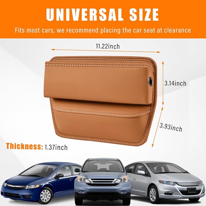 Car Seat Gap Organizer, Premium Leather Auto Seat Storage Box, Vehicle Adjustable Front Seat Gap Filler, Car Seat Side Pocket Organizer for Phones, Glasses, Keys, Money, Cards (Khaki)
