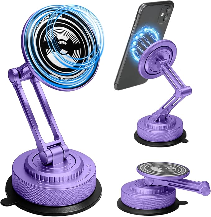 All-Metal Alloy Long Arm Magnetic Suction Cup Car Phone Mount(Purple) | Strong Powerful Magnetic Heavy-Duty Windshield Dash 360° Mechanical Rotation Cell Mobile Phone Vehicle Bracket for All Cars