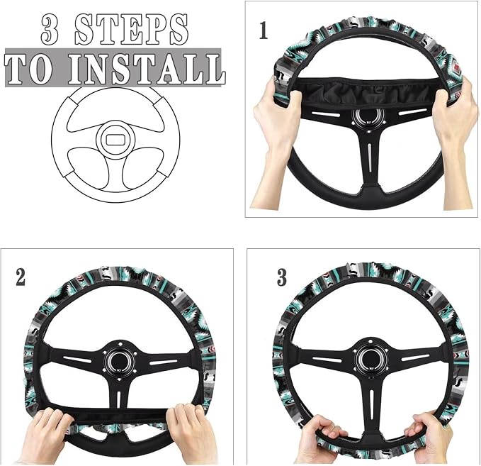 Car Steering Wheel Cover, 15 Inch Soft Breathable Steering Wheel Protector for Women Men, Universal Fit for SUV Sedan Van Truck, Aztec Geometric Horse Gray Teal