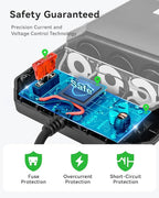 9-in-1 Cigarette Lighter Splitter, 156W Car Charger Adapter with PD 36W & QC 3.0, 3 Sockets with Independent Switches, 6 USB Ports, LED Voltage Display, UL Certified, Includes Spare Fuse