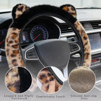 Car Steering Wheel Cover Fluffy Leopard Steering Wheel Accessories Black | Steering Wheel Covers with Cute Ears Keychain 14-15 inch Universal Elastic Steering Wheel Protector for Women Girls