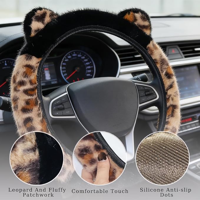 Car Steering Wheel Cover Fluffy Leopard Steering Wheel Accessories Black | Steering Wheel Covers with Cute Ears Keychain 14-15 inch Universal Elastic Steering Wheel Protector for Women Girls