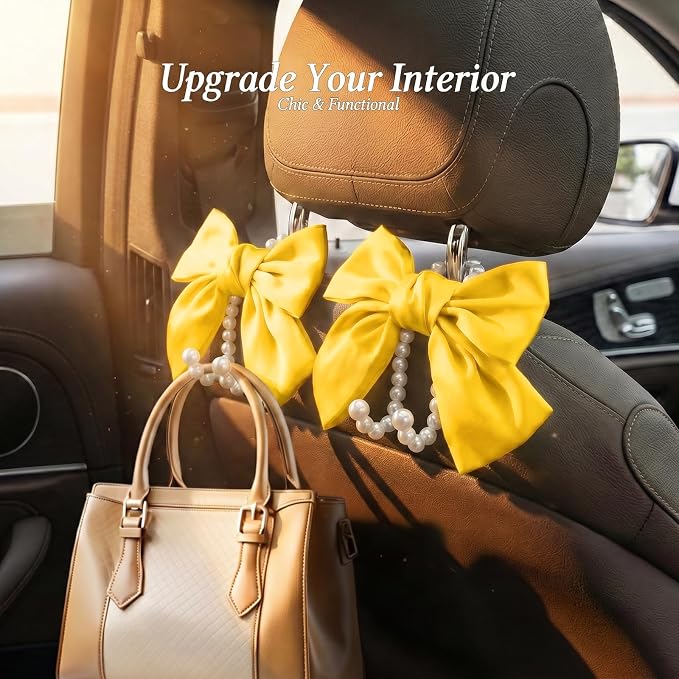 2PCS Satin Bow Pearl Car Seat Headrest Hooks – Car Bag Holder & Vehicle Hanger for Purses – Cute Coquette Aesthetic Interior Decoration – Cute Auto Organizer Accessories Universal (Sunshine Yellow)