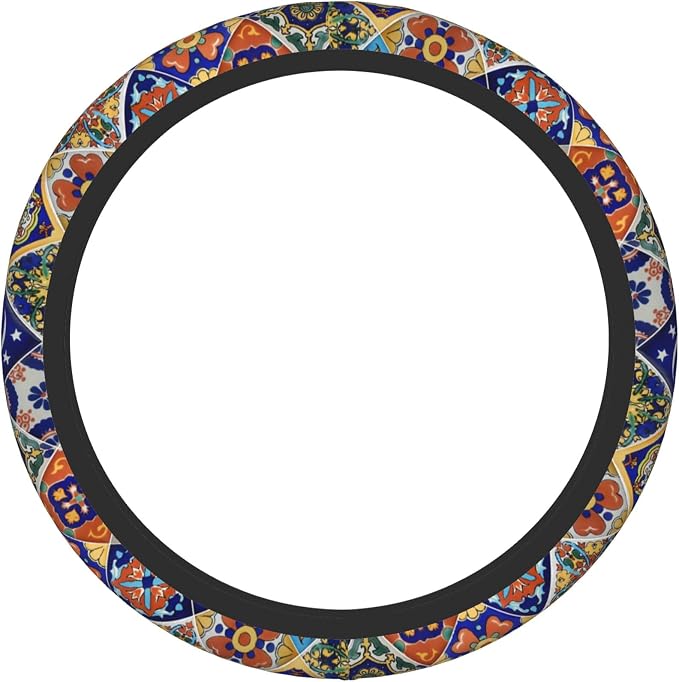 Mexican Talavera Tiles Style Steering Wheel Cover Auto Steering Wheel Protector Anti-Slip Breathable and Sweat Absorption Universal Car Accessories15 Inch Fit Auto Sedan Vans Trucks SUV