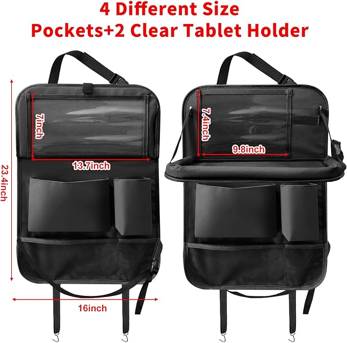Car Backseat Organizer with Tablet Holder, 6 Storage Pockets Seat Back Protector with Foldable Tray, Kick Mats Back Seat Cover for Kids Toddlers, Travel Accessories, 1 Pc