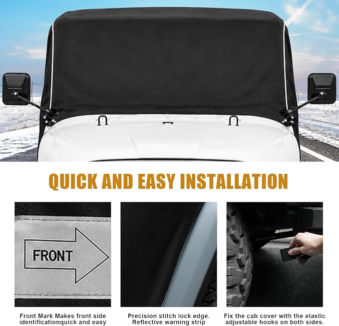 600D Cab Cover Windproof Sunshade Cover Compatible with Jeep Wrangler CJ5 1976-1986 2 Door, 6-Layer Protection Frost Wiper & Mirror Covers Protect from Sunshine, UV, Snow, Rain