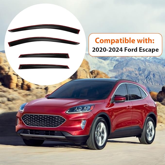 4pcs Smoke Tint Window Visors Compatible with 2020-2025 Ford Escape, Set of 4 Front+Rear Sun Rain Guard Vent Outside Mount Tape On Style Acrylic