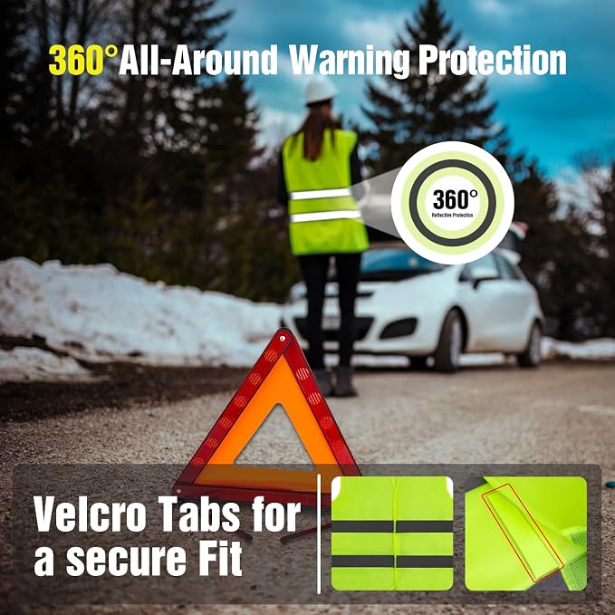 Emergency Warning Triangle Kit – Roadside Safety Kit with Reflective Warning Triangles, High-Visibility Safety Vests, Storage Bag & Gloves for Car Breakdowns & Emergencies