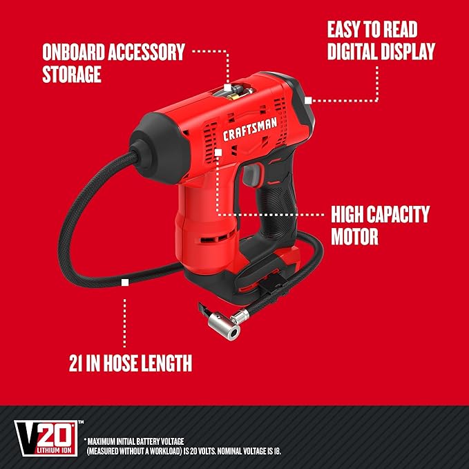 V20 Air Compressor Portable, Cordless Tire Inflator, Up To 150 PSI Tire Pump, with Digital Pressure Gauge, Tool Only (CMCE521B)