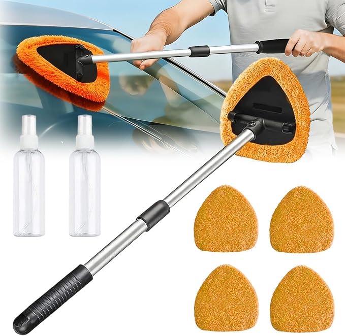 Car Windshield Cleaning Tool Set, Interior Exterior Auto Glass Cleaner Kit with Detachable Handle, 4 Reusable Microfiber Pads, Extendable Wiper Brush for Cars Trucks Home (Orange)