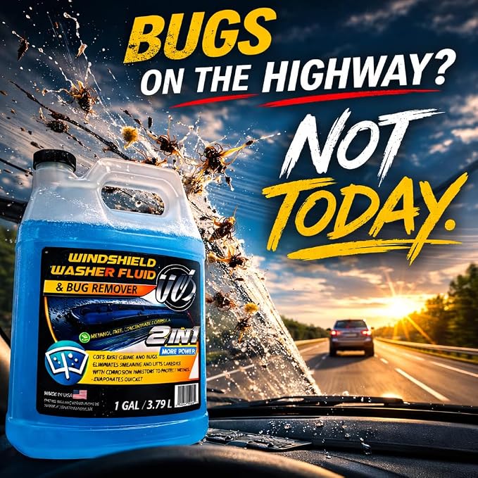 2-in-1 Windshield Washer Fluid 2-Pack (1 Gallon Each, 256 fl oz Total) – Ready to Use, Streak-Free Formula, All-Weather Cleaning, Removes Bugs, Dirt & Road Grime – Premium Windshield Cleaner