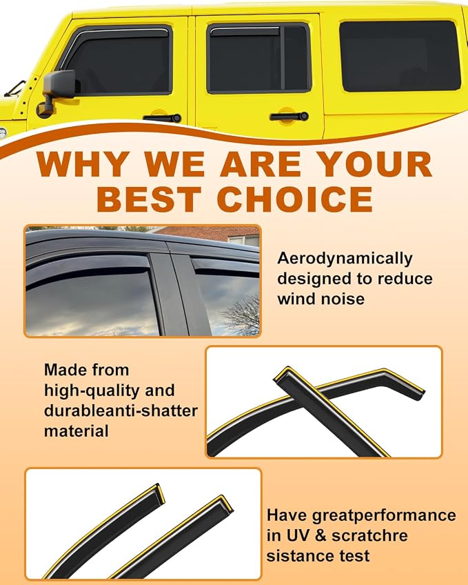in-Channel Window Rain Guards Fit for Jeep Wrangler JK 2007-2018 Rain Guards Extra Durable Window Deflectors Visors Vent Visors Shades Car Accessories -4 pcs