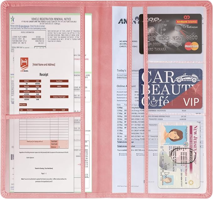 Car Accessories Registration and Insurance Holder, Leather Essential Card Magnetic Shut Vehicle Glove Box Organizer Case for Auto Driver License Document Truck Motorcycle Boat - Pink