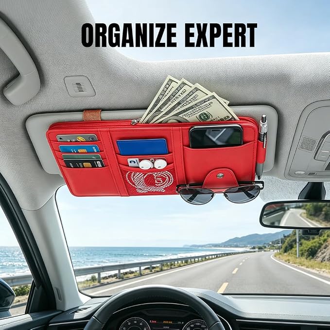 Car Sun Visor Organizer, Truck Visor Organizer, Leather Multi-Pocket Auto Visor Storage Pocket Pouch Holder with Zipper, Auto Accessories Storage Bag for Driving License Card Pen (Red)