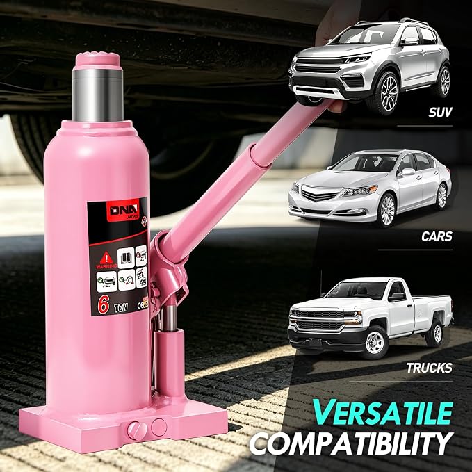 6 Tons / 12000 lbs Lifting Automotive Welded Hydraulic Bottle Jack for Car SUV Pickup Truck, Auto Repair, with Manual Handle & Carrying Storage Case, Pink