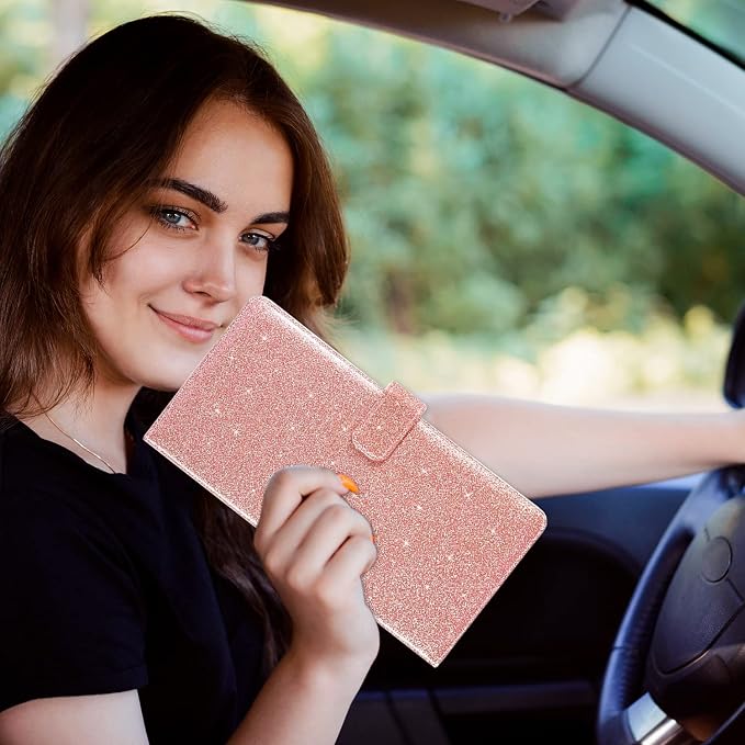 Car Registration & Insurance Holder, Vehicle Glove Box Organizer, Cool Accessories for ID, Driver License Cards & Essential Documents, Glitter Rose Gold