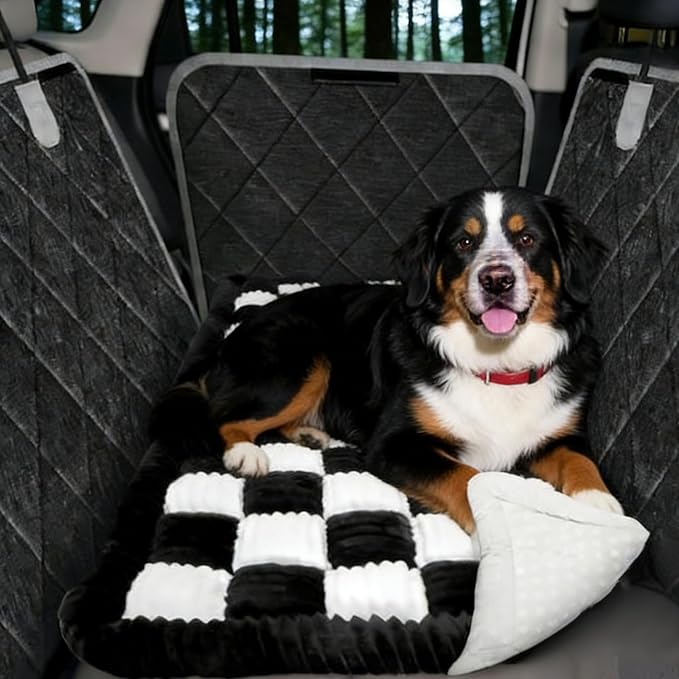 Dog Car Seat Cover for Back Seat, Black-White Flannel Pet Bed Mat, Non-Slip Waterproof Bottom, Washable Dog Bed & Seat Protector for Cars SUVs Trucks, Fits Backseat Extenders