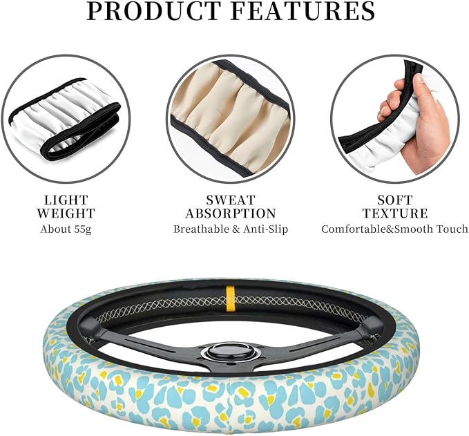 Blue Flowers Steering Wheel Cover for Women, Steering Wheel Covers with Anti-Slip Lining, Universal 14.5-15 inchs Car Interior Accessories with 2PCS Car Coasters Suitable for Men and Women