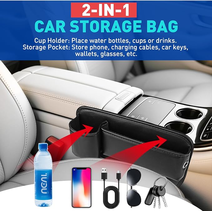 Universal PU Leather Car Seat Gap Filler Organizer with Cup Holder | Center Console Multi-Purpose Essentials Organizer with Phone, Keys, Card Storage Bag, Gifts for Car SUV Truck Owners