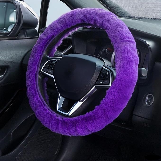 Furry Car Steering Wheel Cover, Heat Absorbing Fluffy Cover, Soft Warm Plush Non-Slip, 14 1/2-15 inch, for Women Girls, Purple