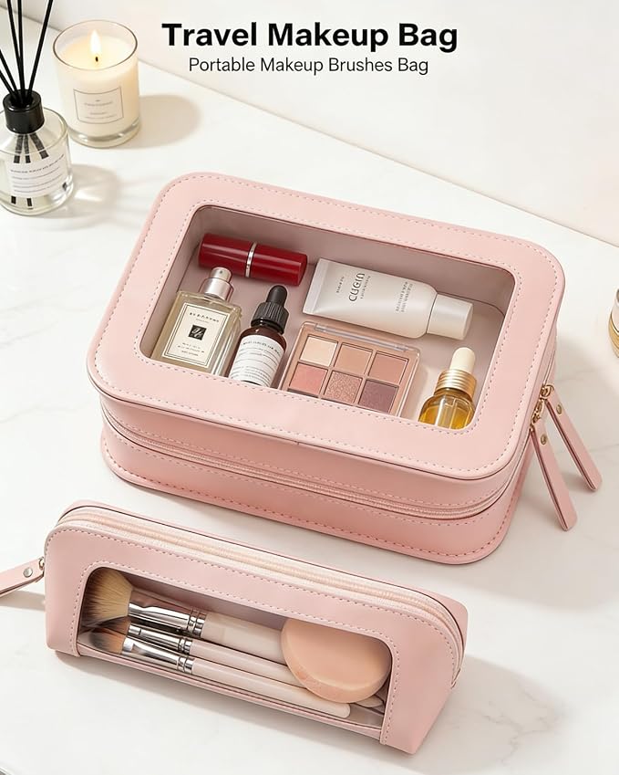 2Pack Clear Makeup Bags Set, Clear Travel Makeup Brush Holder, Portable Leather Travel Toiletry Bag Pink Car Accessories for Women