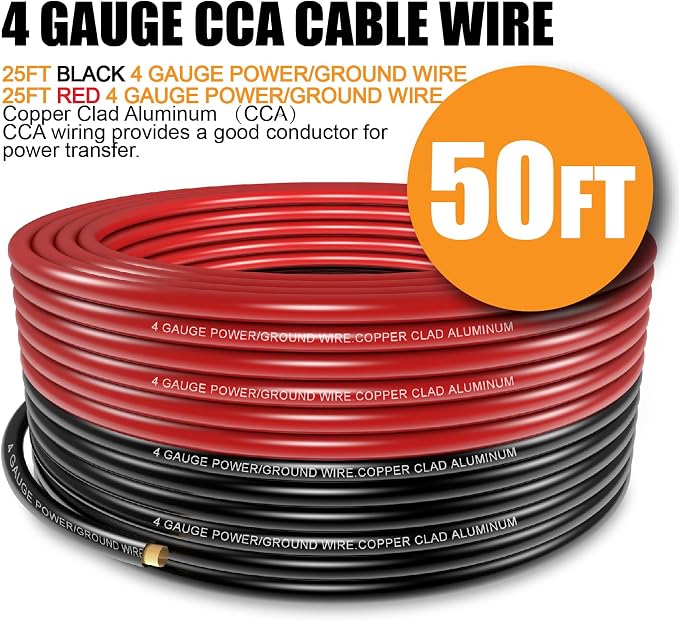 4 Gauge Wire (25 Feet Black+25 Feet Red) Copper Clad Aluminum Automotive Power Ground Cable Wire,20PCS Lugs Terminal Connectors,Heat Shrink Tubing,100A ANL Fuse with Cable Cutter