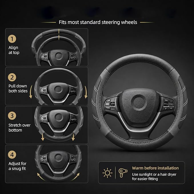 Leather Large Steering Wheel Cover 14 1/2 inch to 15 inch Universal, Soft Grip Breathable for Car Truck SUV Jeep Anti Slip Gray
