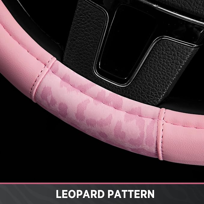 Steering Wheel Cover - Made with PVC Leather and Leopard Fabric - Universal 14 1/2 inches to 15 inches for Most Automotive Steering Wheel - Cheetah Print - All Pink