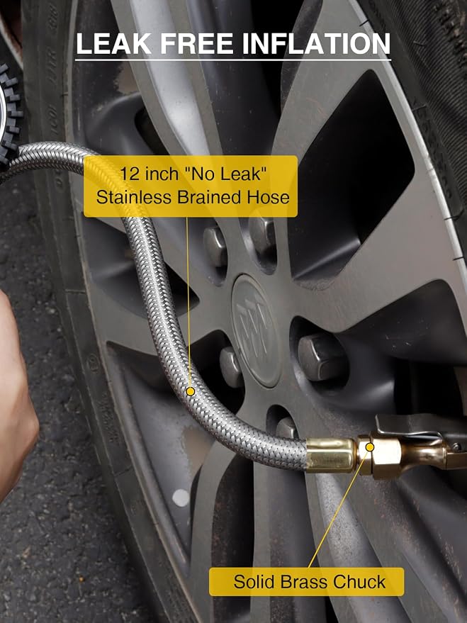 Heavy Duty Tire Pressure Gauge, Tire Inflator Gauge 230PSI Air Chuck Air Compressor Attachments, with Steel Braided Hose, Large 2.6" Glow Dial & Quick Connect Coupler, for Truck/Car/SUV/RV/Bike