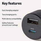 Fast-Charging Car Charger, 1 USB-C (20W) + 1 USB-A (12W), 32W, with 3-Ft Cable, Black