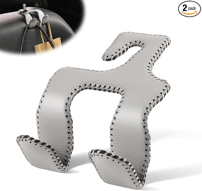 Upgraded Superior Leather Car Seat Back Headrest Hook, 2 in 1 Auto Seat Hook Hangers Holder Organization Interior Accessories for Purses Coats Umbrellas Grocery Bags Handbag (Gray)