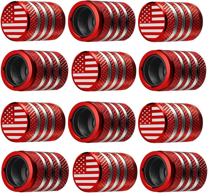 Tire Valve Stem Cap Cover - (12 Pack) Tire Air Cap Metal with Plastic Liner Corrosion Resistant Leak-Proof American Flag for Car Truck Motorcycle Bike Red
