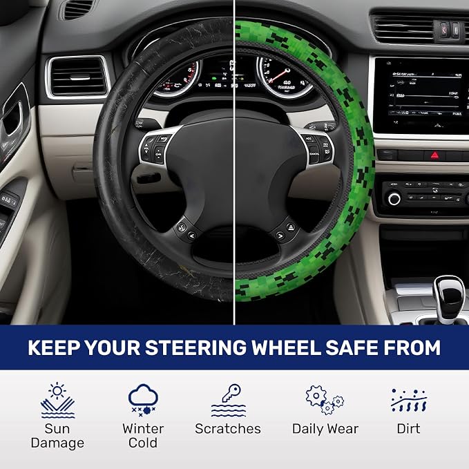 Pixel Zombie Steering Wheel Cover, Non Slip Polyester Car Wheel Protector for Car SUV Truck, Universal 15 Inch